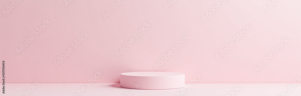 Poster pastel pink and white vector graphic of a minimalist wall with a floating cylindrical pedestal for c
