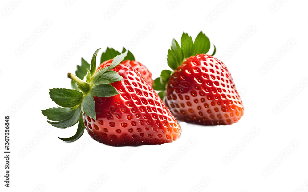 Poster a fresh strawberry with green leaves, isolated on a empty plain background