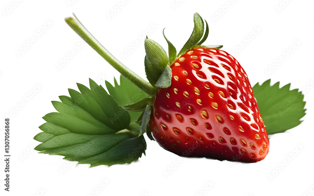 Poster a fresh strawberry with green leaves, isolated on a empty plain background