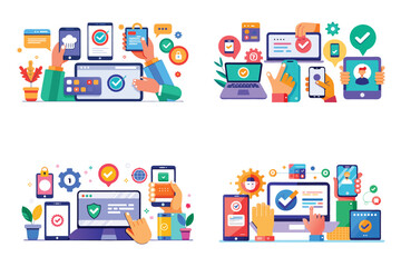 holding smartphone laptop typing two factor authentication code, Characters hands holding smartphone, Top view of office table