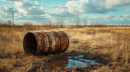 Obraz premium old rusty oil barrel lying in open field with dry grass and puddles
