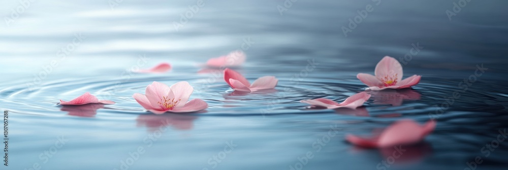 Aufkleber soft pastel colors create a calming atmosphere with floating flower petals on tranquil water with ge
