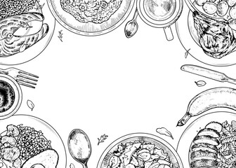 Hand drawn vector food frame with a rectangular border, perfect for menus and invitations. Black and white line art illustration with empty copy space for text. For restaurant or kitchen designs