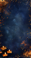 Fototapeta premium vertical background design for the festival of lights, Diwali, with three lit oil lamps on a dark blue backdrop and golden sparkles. The theme is festive and vibrant, with space