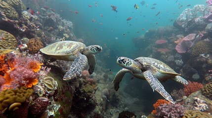 Fototapeta premium Two sea turtles swim gracefully in the ocean near coral reefs