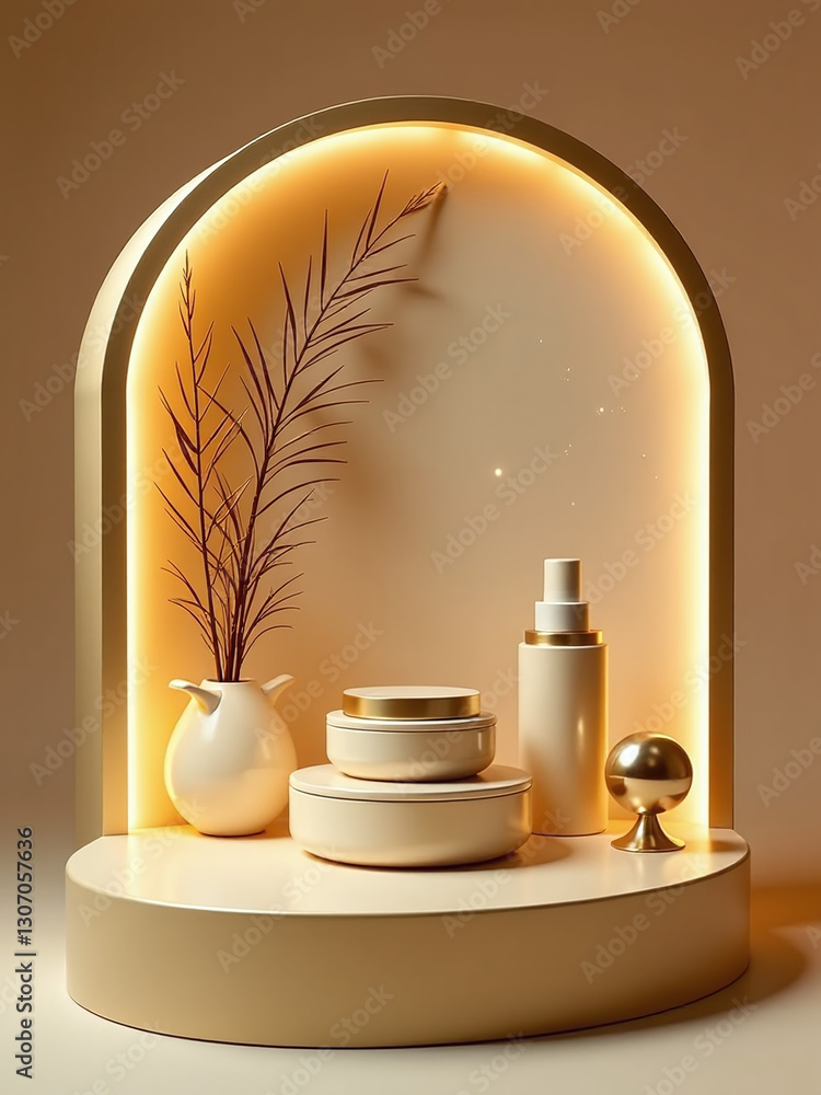 Aufkleber Modern Product Display Features A Sleek Golden Curve And Decorative Elements Including Balls And A Subtle Shimmering Light Effect.