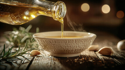 close up of golden olive oil being poured into white bowl, surrounded by herbs and garlic, creating warm and inviting