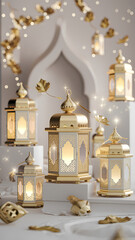 Obraz premium Golden and White Decorative Lanterns with Intricate Patterns Glowing Lights Floating Golden Leaves and Ornate Geometric Details in a Luxurious Arabian-Inspired Setting for Festive Islamic Celebrations