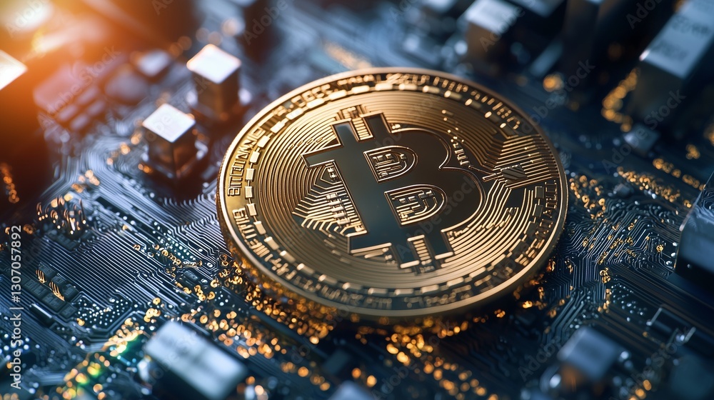 Poster bitcoin on a circuit board symbolizes blockchain technology and digital finance.