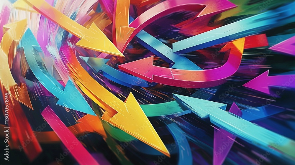 Poster colorful arrows in motion symbolize dynamic progress and forward direction.