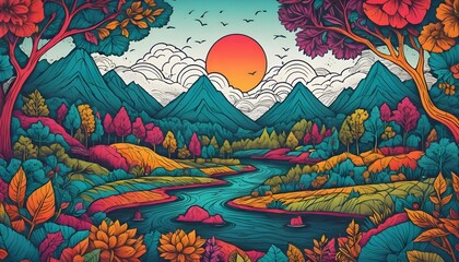 Vibrant Scenic Landscape with Mountains, River, Colorful Trees, and a Setting Sun in a Dreamy Style