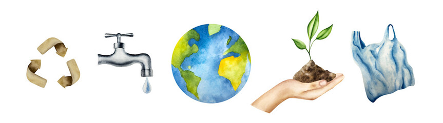 Arrow symbol set. A drop of pure water dripping from the tap. Heap dirt with a green plant growing sprout in human hand. Watercolor hand drawn Planet earth, brown recycling sign illustration isolated