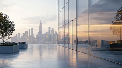 Modern city skyline view from glass building with urban landscape