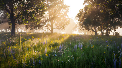 Sunlit meadow with wildflowers and trees, creating a peaceful, natural, and scenic landscape view.