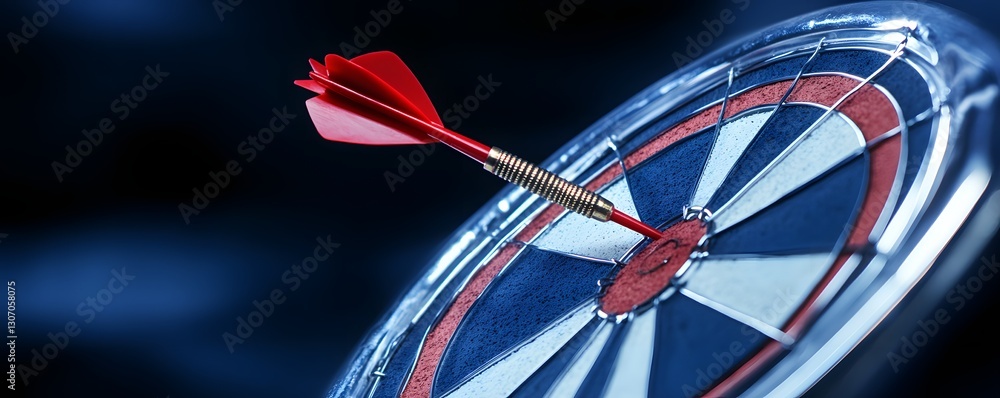 Poster red dart hitting the bullseye on a dartboard target