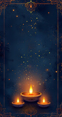 vertical background design for the festival of lights, Diwali, with three lit oil lamps on a dark blue backdrop and golden sparkles. The theme is festive and vibrant, with space