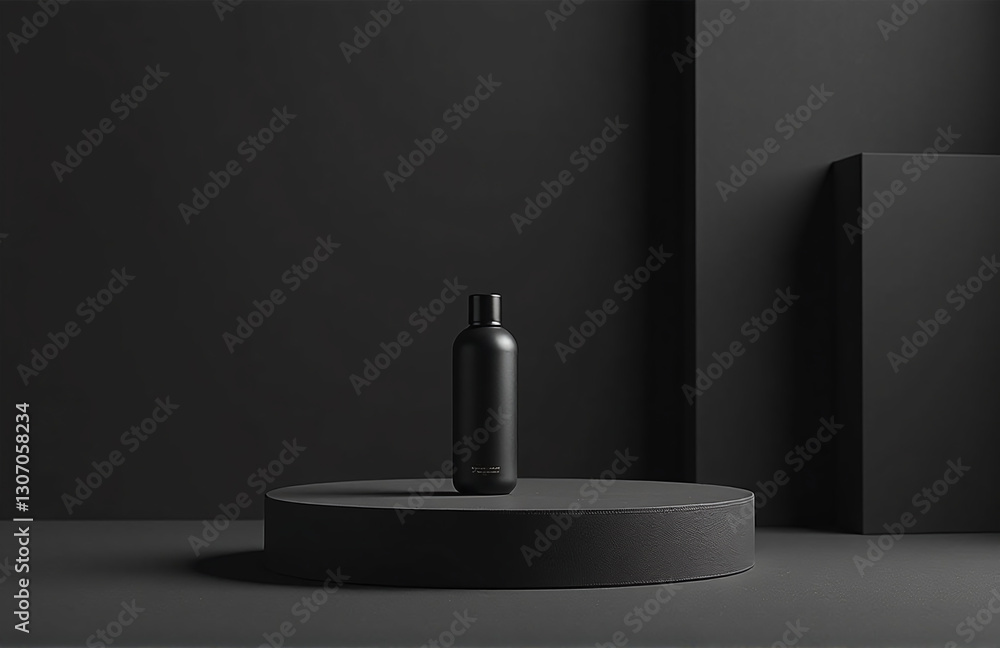 Poster luxury product showcased on an empty pedestal in a minimalist dark studio setting with a geometric, 