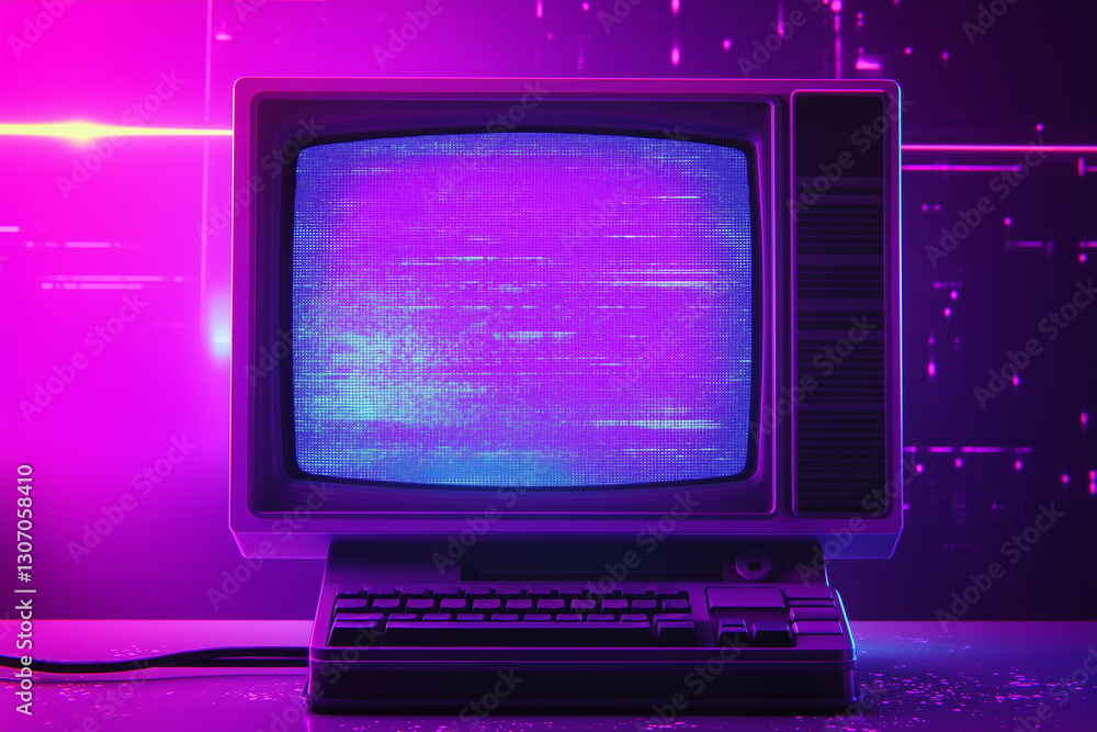 Poster 80s retro wave style background displayed on vintage computer screen. vhs noise and glitch effects. 