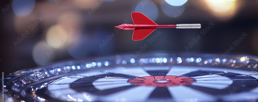 Poster red dart flying towards the bullseye on a dartboard