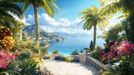 Fototapeta premium A vibrant coastal garden filled with palm trees and colorful flowers, overlooking the sea, bright sunny day, tranquil atmosphere, ultra-realistic, 4K.