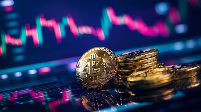 Golden coins with crypto symbol and market chart signify defi investment potential.