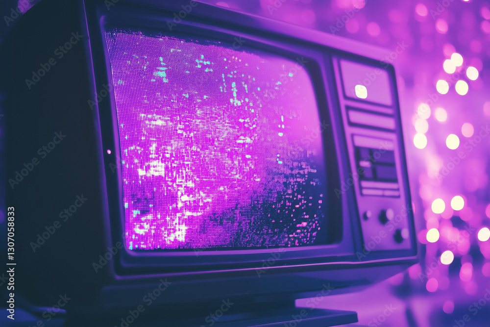 Poster 80s retro wave style background displayed on vintage computer screen. vhs noise and glitch effects. 