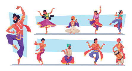 Indian street artist. Authentic musician and dancers from indian culture exact vector cartoon characters