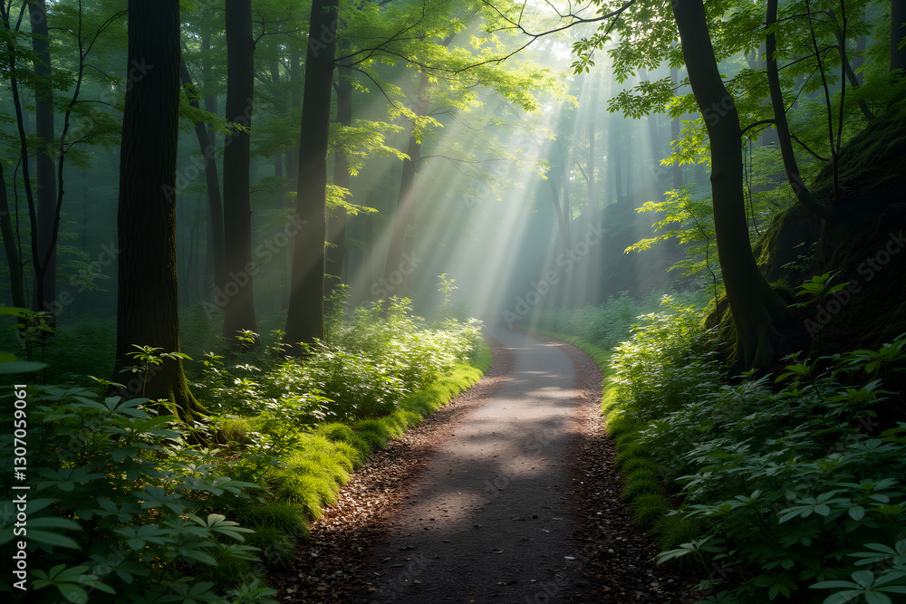 Poster a tranquil forest path illuminated by soft sunlight filtering through lush green trees creating a se