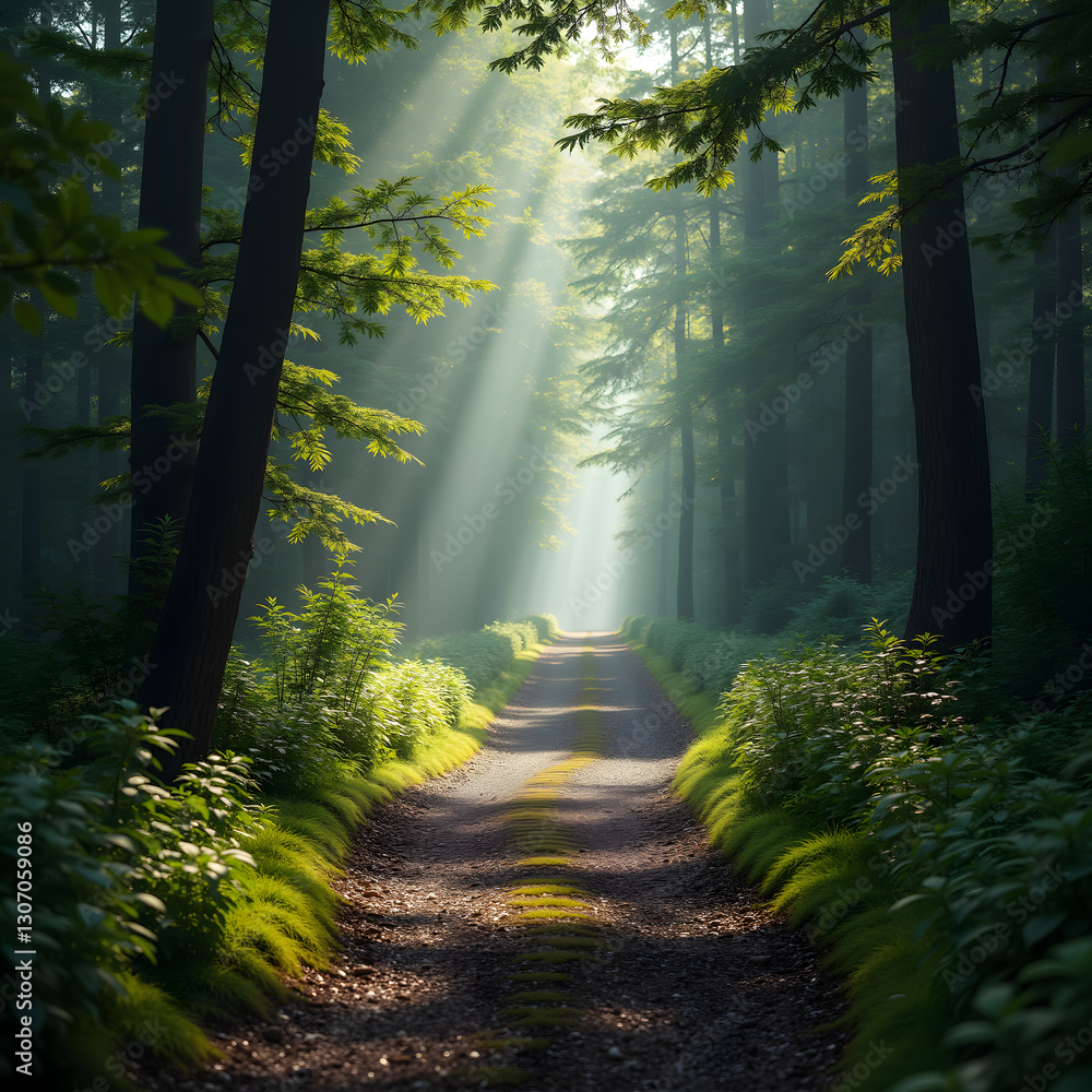 Poster a serene forest path bathed in soft sunlight filtering through tall trees creates a tranquil and mys