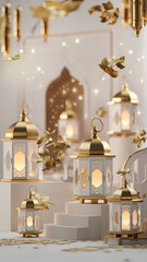 Obraz premium Golden and White Decorative Lanterns with Intricate Patterns Glowing Lights Floating Golden Leaves and Ornate Geometric Details in a Luxurious Arabian-Inspired Setting for Festive Islamic Celebrations