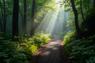 Obraz premium A tranquil forest path illuminated by soft sunlight filtering through lush green trees creating a serene atmosphere for nature lovers