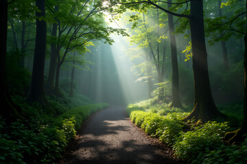 Obraz premium A serene forest pathway illuminated by soft sunlight filtering through lush green leaves creates a tranquil and peaceful atmosphere
