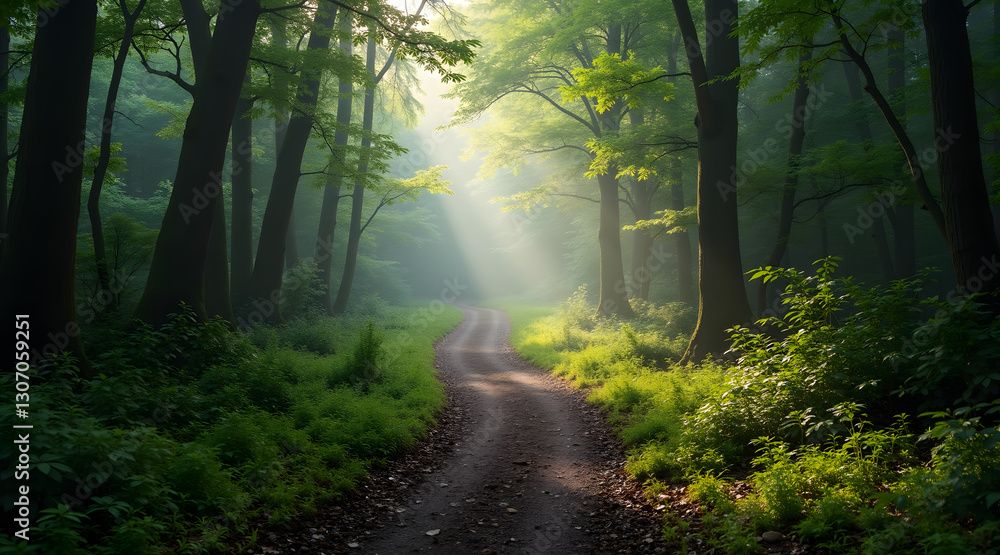 Poster a winding path through a lush green forest with dappled sunlight filtering through the trees, creati