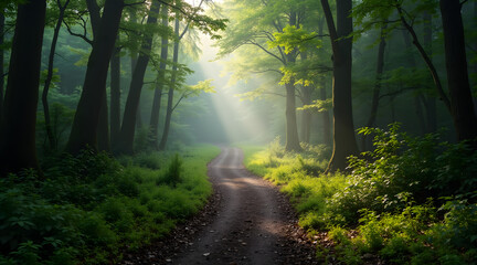 A winding path through a lush green forest with dappled sunlight filtering through the trees, creating a serene and tranquil atmosphere