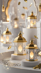 Golden and White Decorative Lanterns with Intricate Patterns Glowing Lights Floating Golden Leaves and Ornate Geometric Details in a Luxurious Arabian-Inspired Setting for Festive Islamic Celebrations