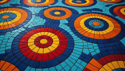 Colorful Circular Mosaic Pattern with Vibrant Shades of Red, Blue, Yellow, and Orange Tiles on Surface