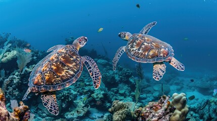 Fototapeta premium Majestic Sea Turtles Gracefully Swimming in a Vibrant Coral Reef