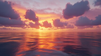 Obraz premium A vibrant sky with dramatic clouds reflecting on a tranquil ocean at sunset, deep orange and pink hues, peaceful atmosphere, ultra-realistic, 4K.