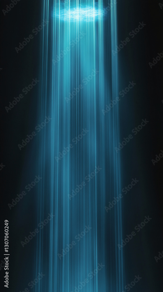 Poster Abstract image of blue light rays descending, creating a dramatic, ethereal effect suitable for showcasing products or as a backdrop for digital designs, suggesting mystery and depth