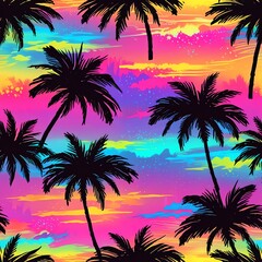 Neon Tropical Paradise: Vibrant Sunset Silhouette of Palm Trees