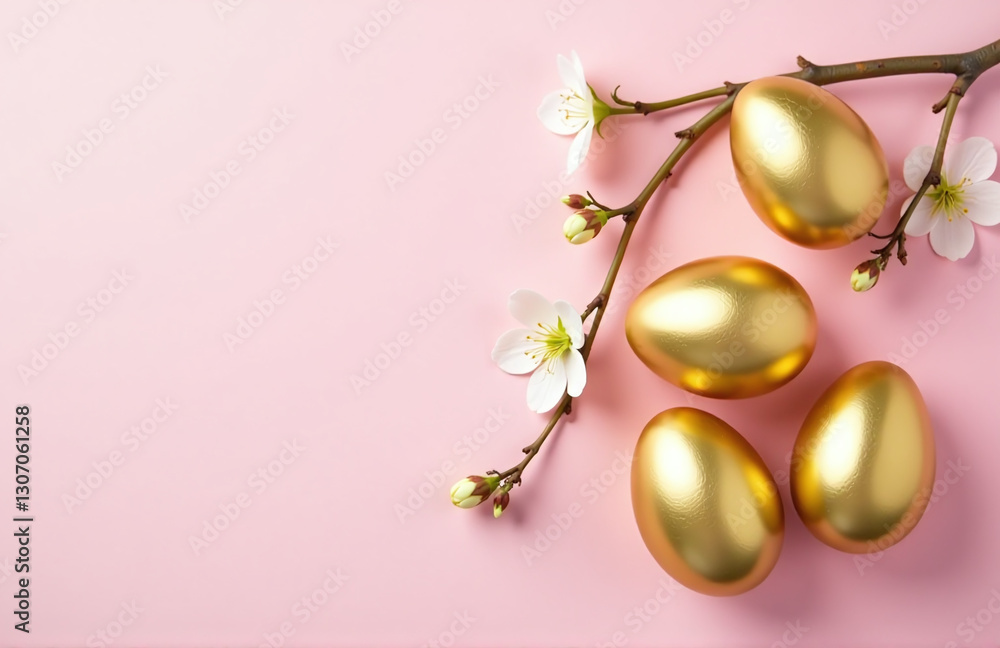 Poster Golden Easter Eggs Are Arranged Around A Delicate Spring Branch On A Soft Pastel Pink Colored Background With Empty Space To The Left.