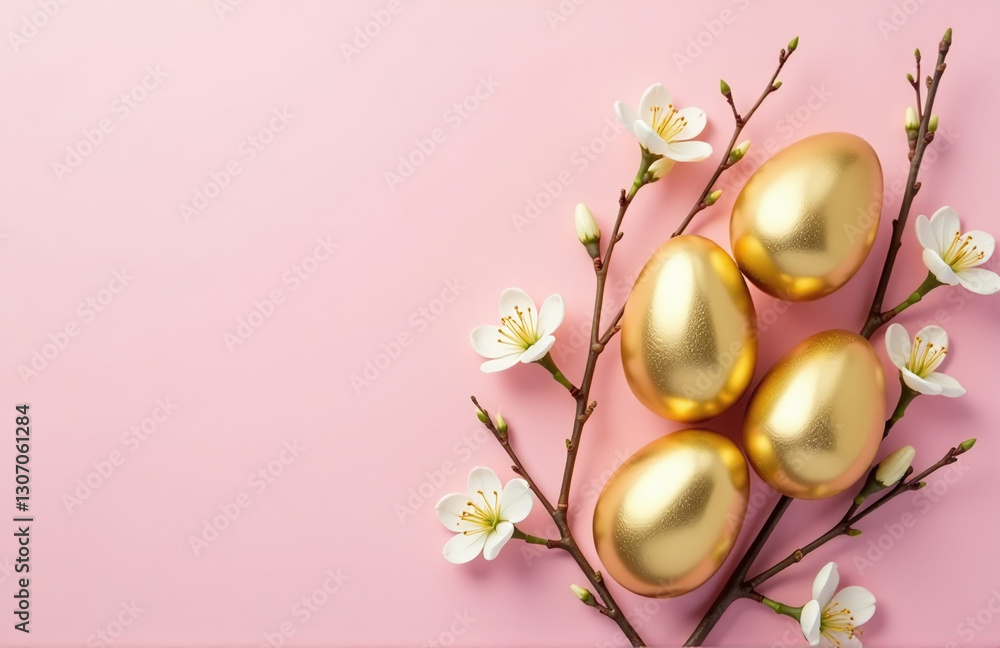 Poster Golden Easter Eggs Are Arranged Around A Delicate Spring Branch On A Soft Pastel Pink Colored Background With Empty Space To The Left.