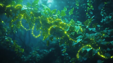 Obraz premium Abstract vines twisting and glowing with neon energy, dynamic and elegant, highly detailed and futuristic, surreal and peaceful, vibrant and soft