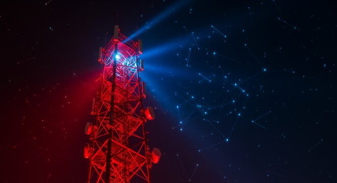Illuminated telecommunications tower at night, network of glowing lines, futuristic.