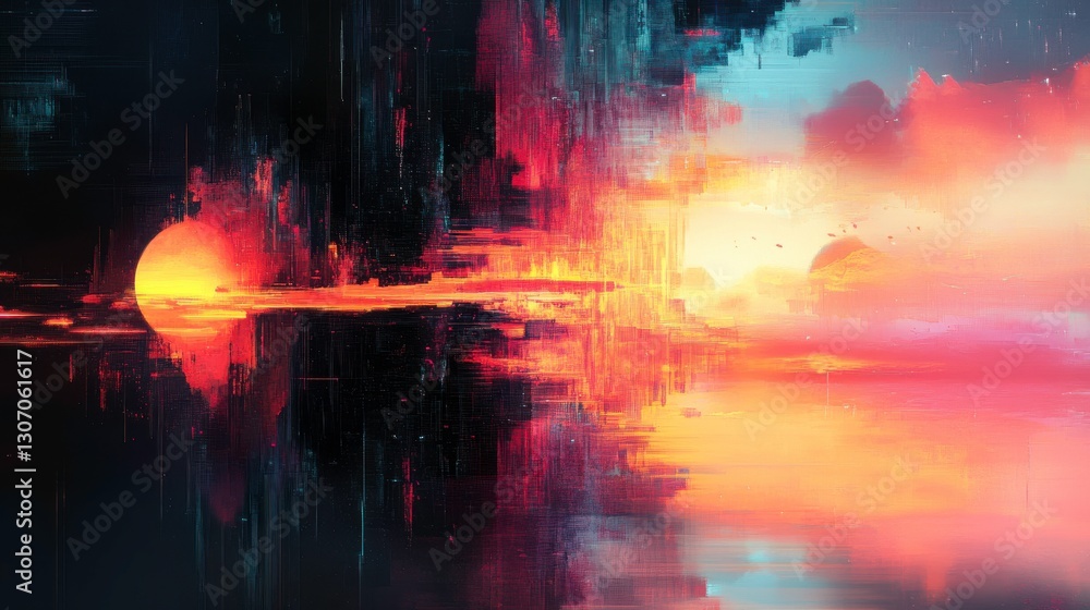 Poster a vibrant digital sunset scene with colorful reflections and abstract elements, creating a serene an