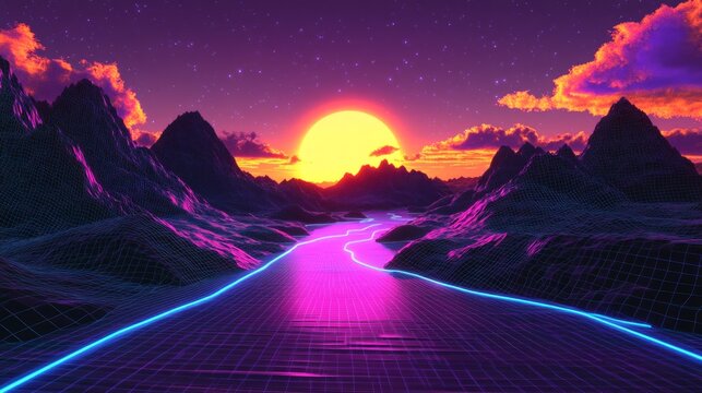 a virtual reality landscape, pixelated mountains, glowing rivers, digital clouds, sci-fi video game world, surreal digital world concept