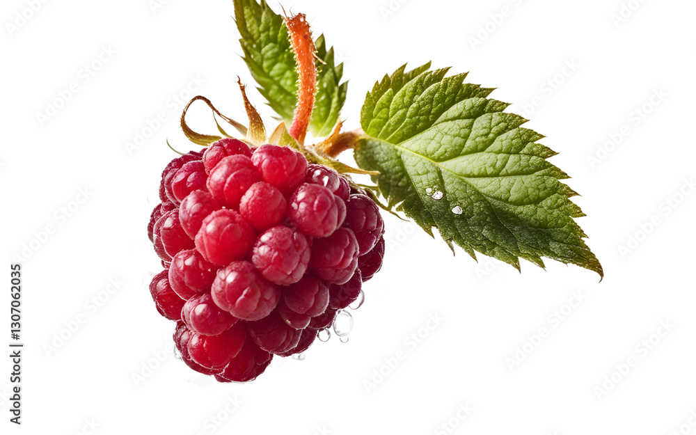 Poster A single raspberry with droplets of water, isolated on a empty plain background