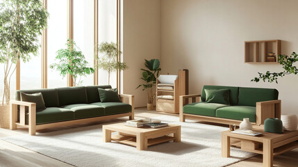 Modern beige interior with green sofa. 