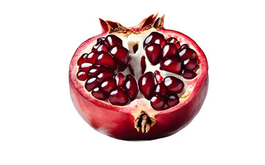 A single pomegranate with bright red seeds, isolated on a empty plain background
