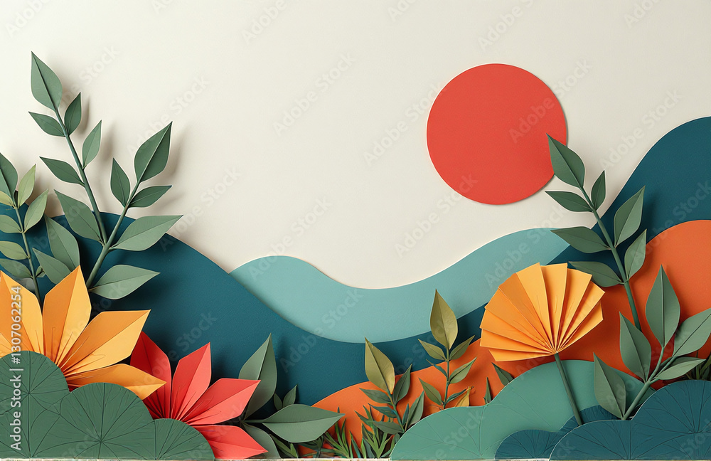 Aufkleber Geometric Shapes And A Natural Background Come Together In A Unique Combination Of 2d And 3d Paper Design Elements.